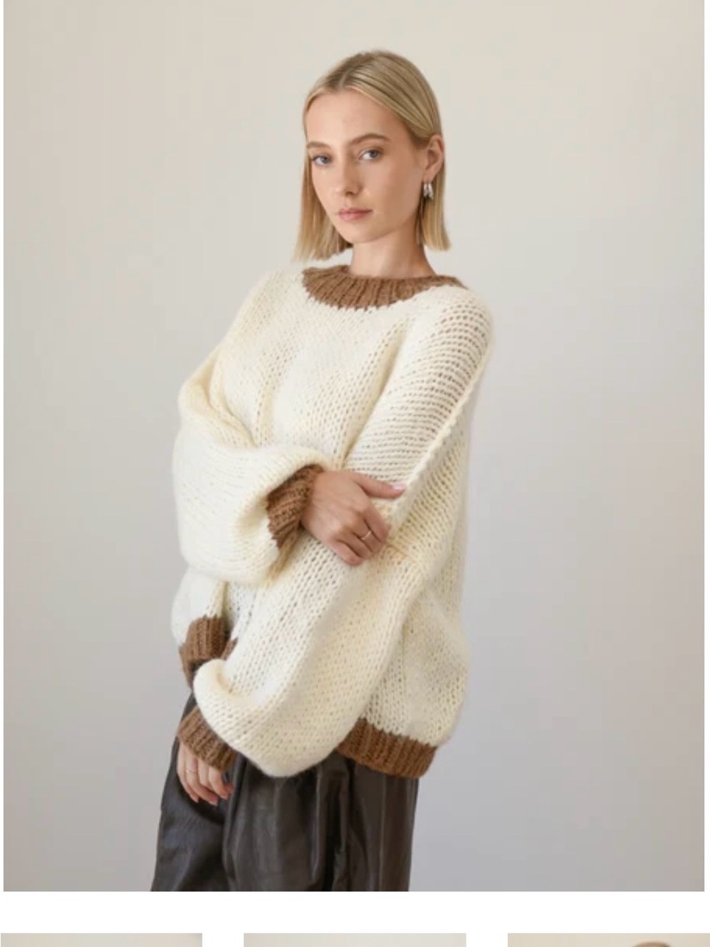 Cream and Brown Contrast-Trim Chunky Knit Sweater